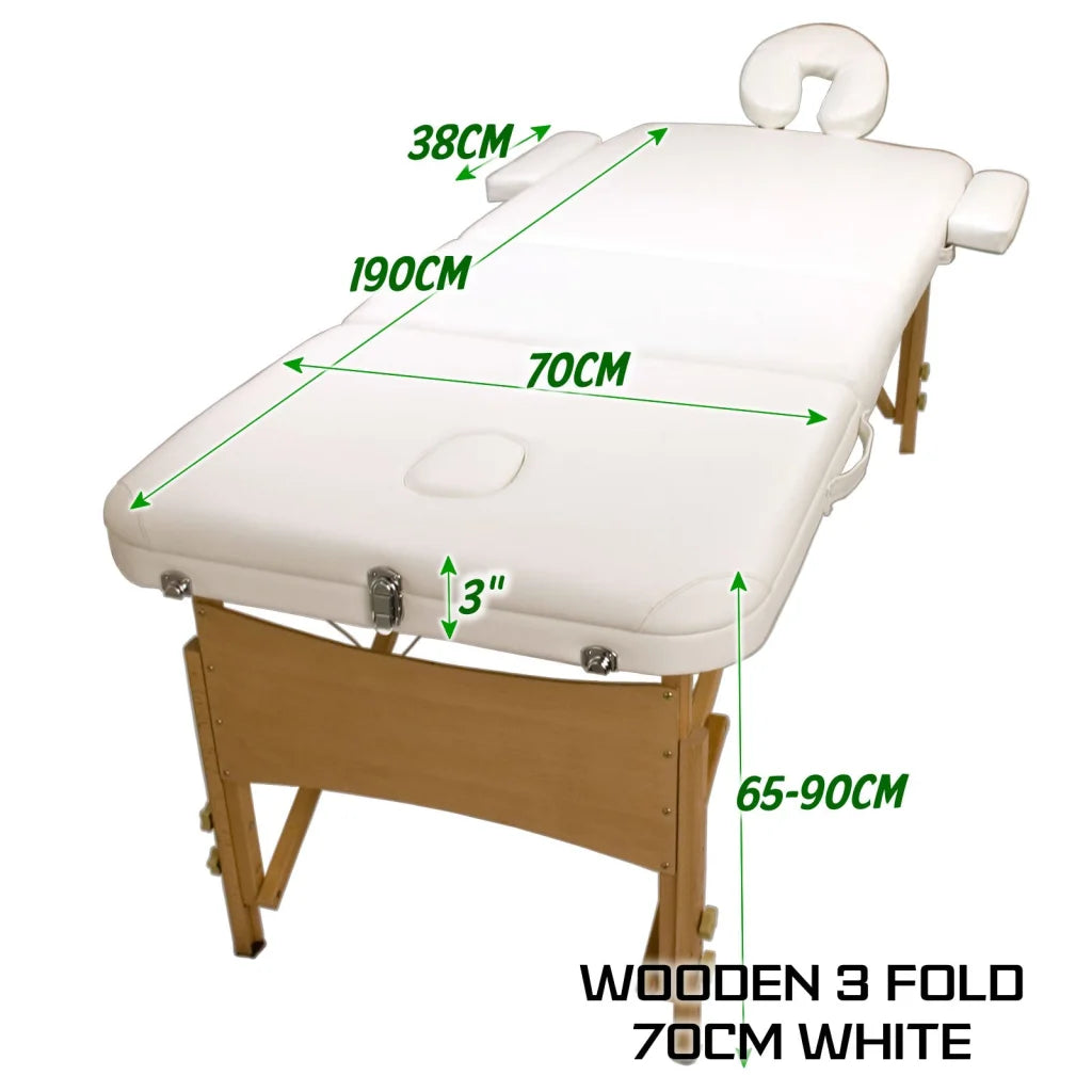 Beauty Massage Table Bed 3-Fold 70cm Portable - White