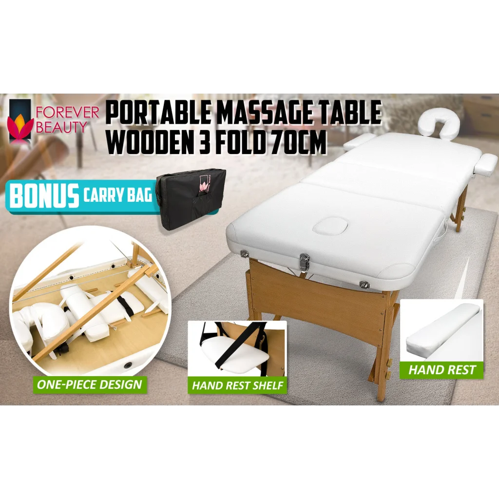 Beauty Massage Table Bed 3-Fold 70cm Portable - White