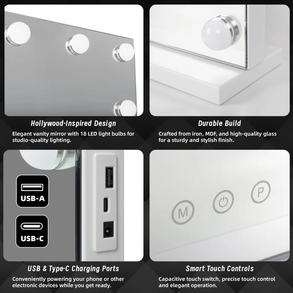 Beauty Mirror with 18 LED Bulbs Colour Settings White Frame