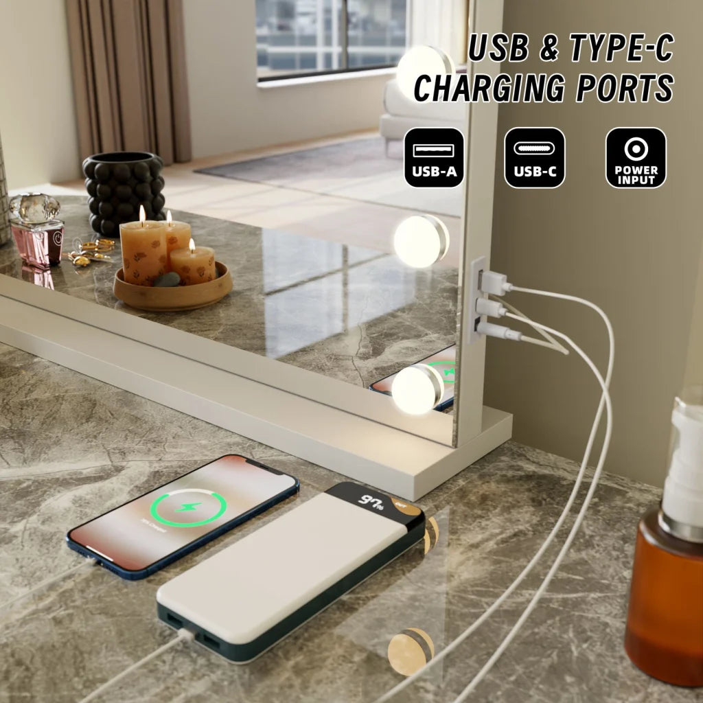 Beauty Mirror with 18 LED Bulbs Colour Settings White Frame