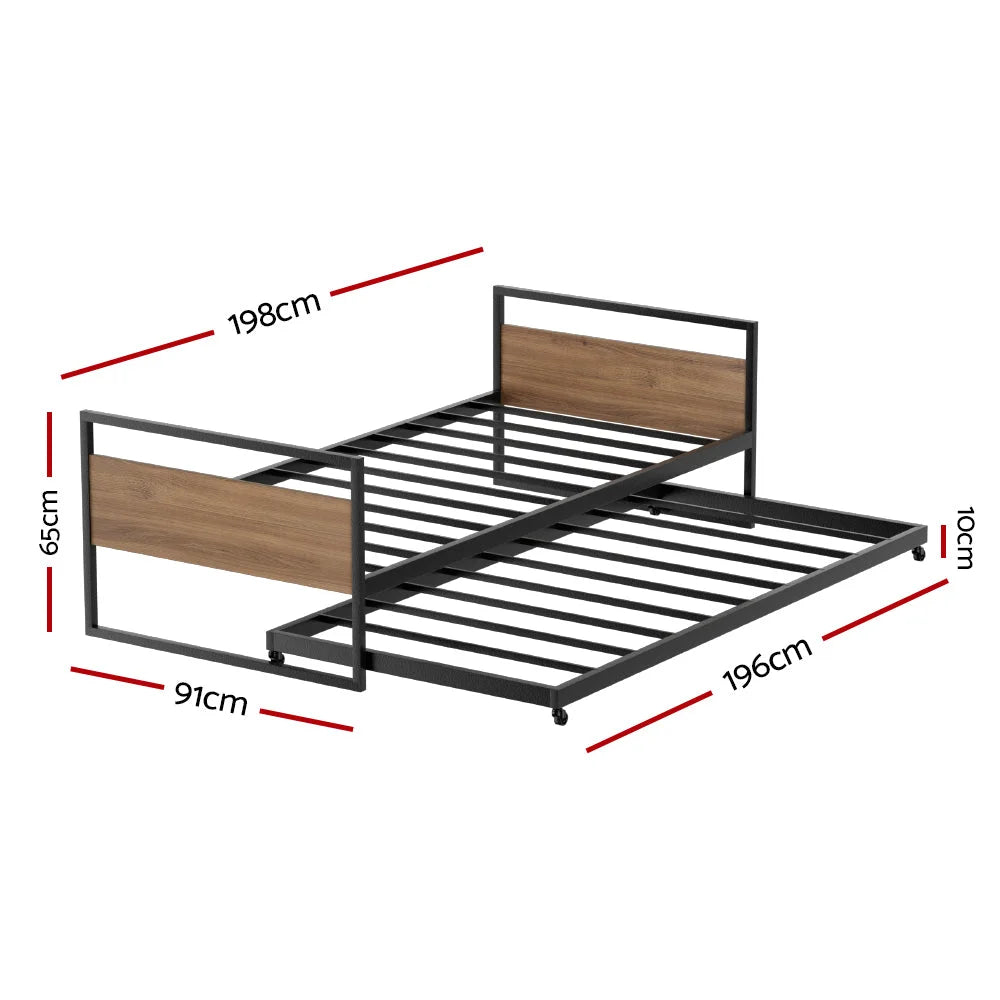 Bed Frame 2x Single Size with Metal Trundle Daybed Dean