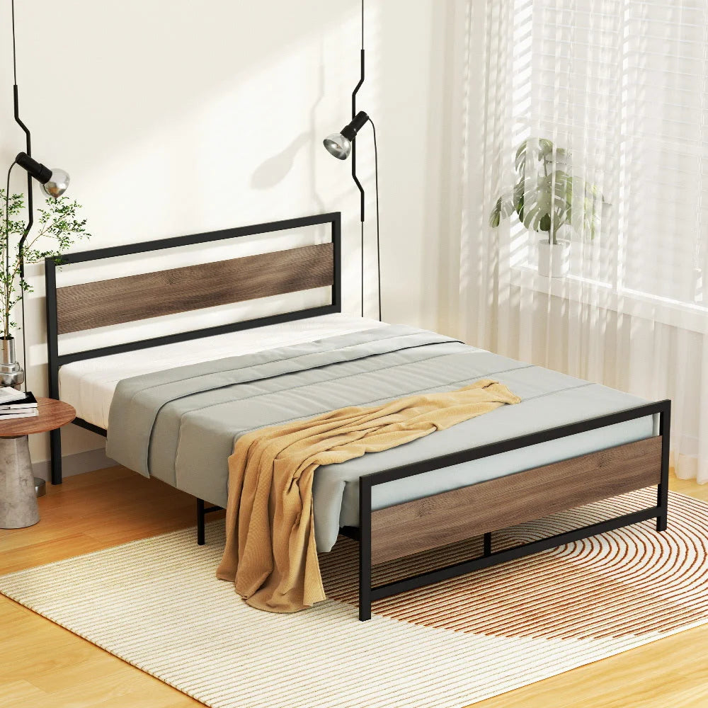 Black metal wooden bed frame with mattress double size base