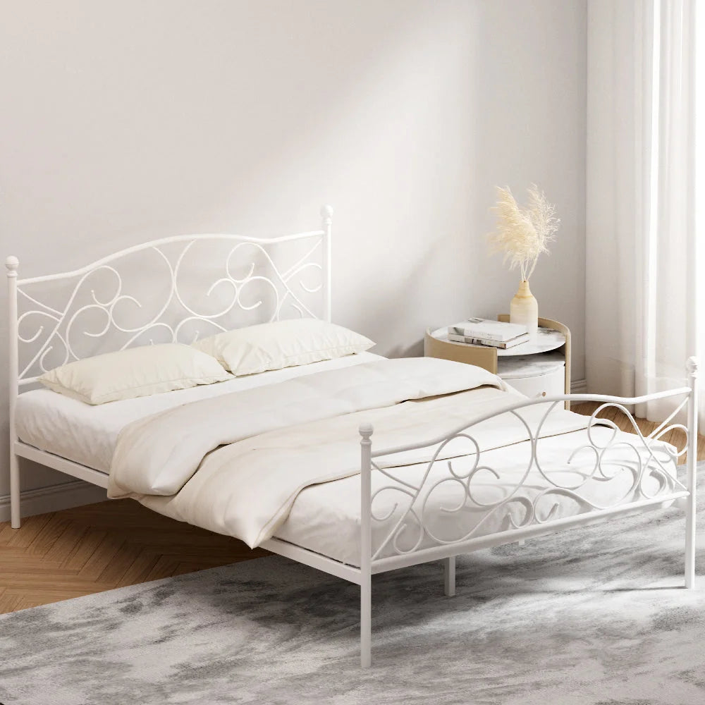 White metal bed frame with double size groa base