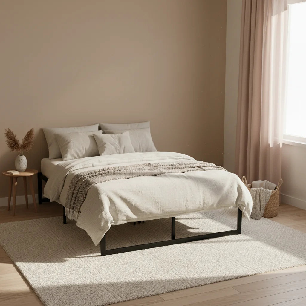 Black metal mattress with layered cushioning and fabric casing