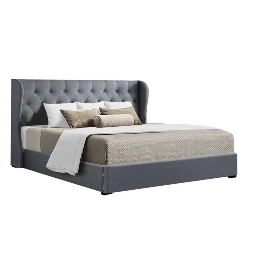 Bed Frame Fabric Gas Lift Storage - Grey King Issa - Bedroom