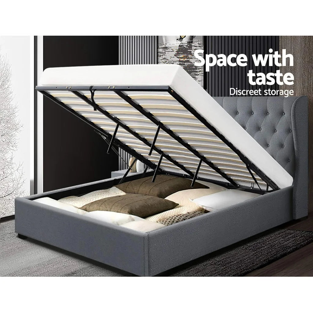 Bed Frame Fabric Gas Lift Storage - Grey King Issa - Bedroom