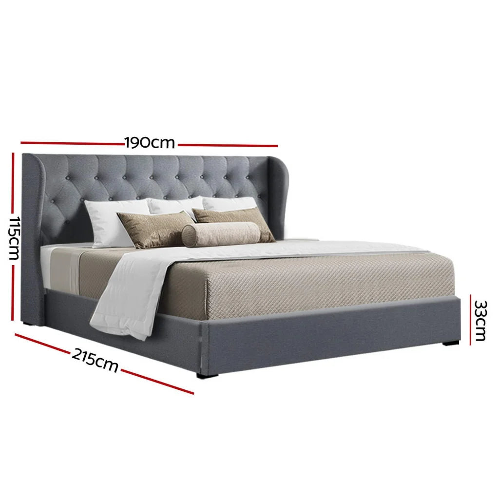 Bed Frame Fabric Gas Lift Storage - Grey King Issa - Bedroom