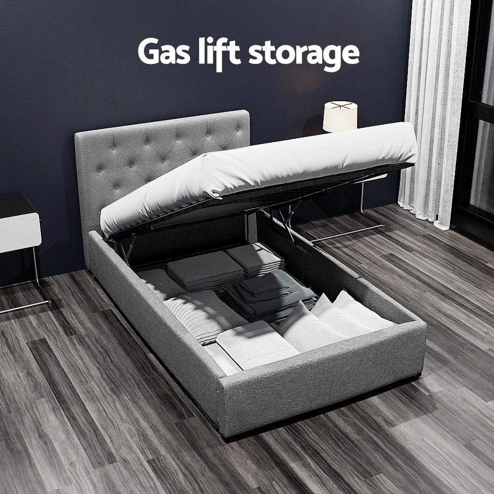 Bed Frame Fabric Gas Lift Storage - Grey King Single