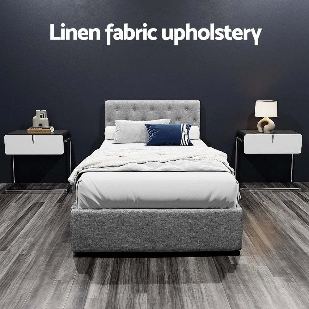 Bed Frame Fabric Gas Lift Storage - Grey King Single