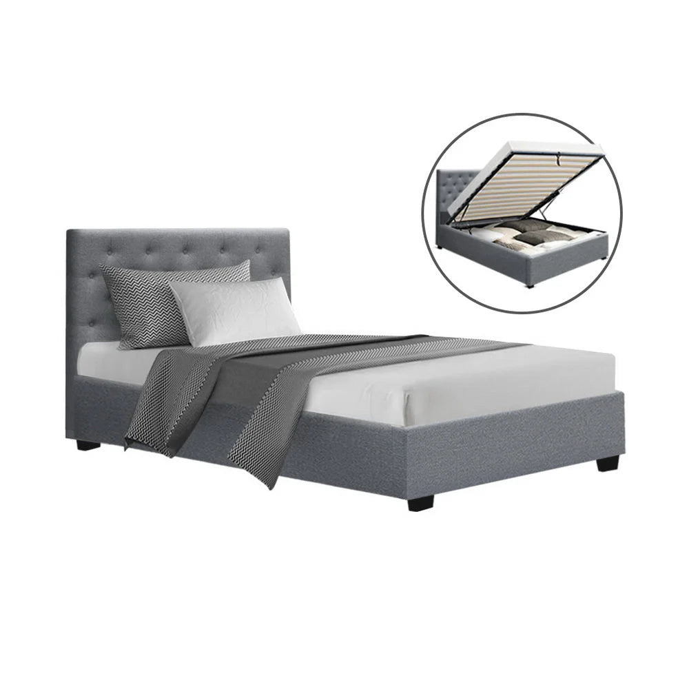 Bed Frame Fabric Gas Lift Storage - Grey King Single