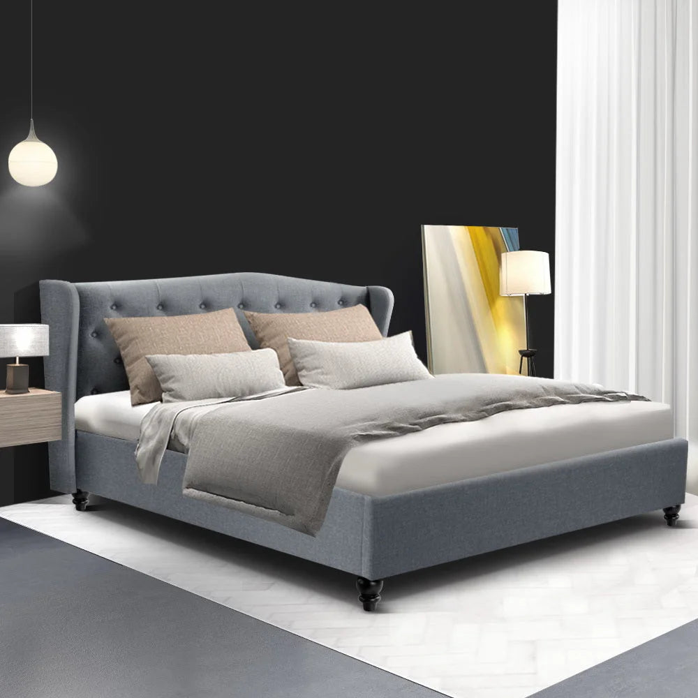 Grey fabric bed frame with pier queen bedroom headboard