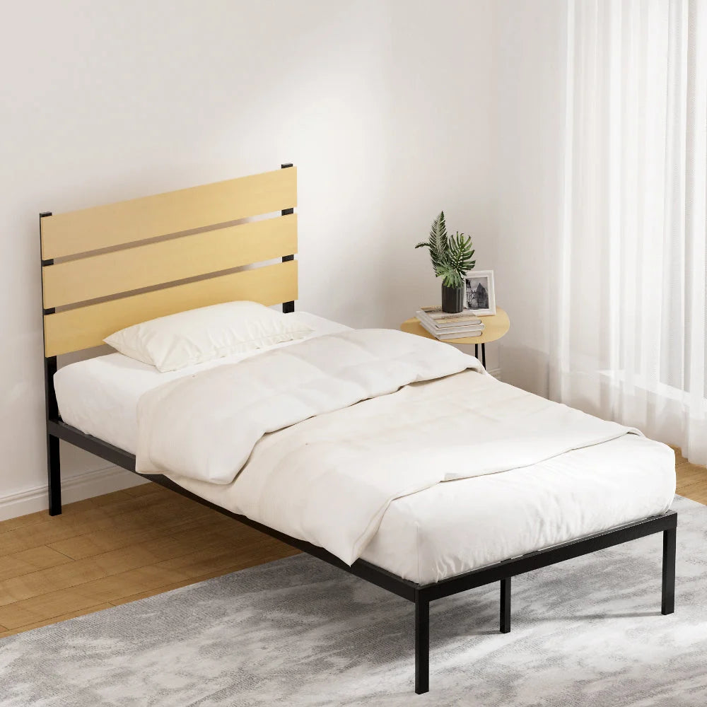 Black metal bed frame with king single size base
