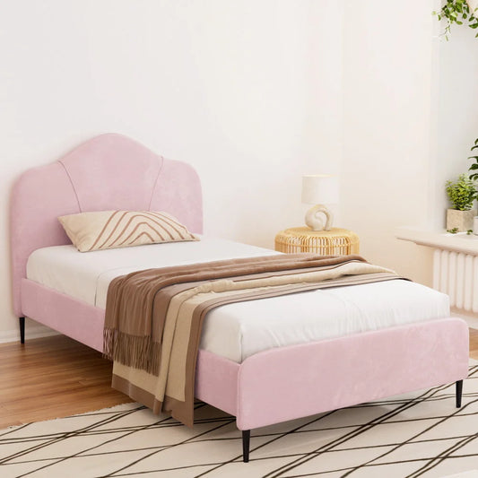 Pink velvet bed king single with compact layout and accessory details