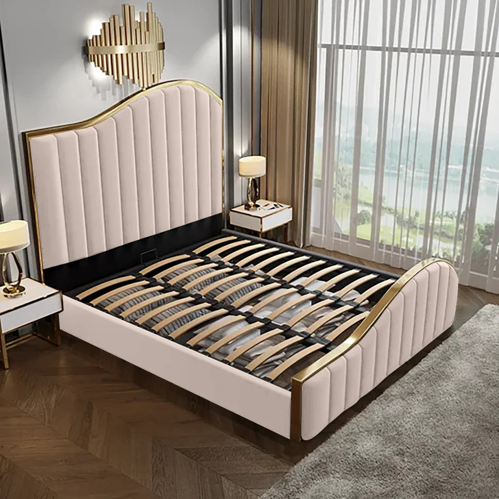 Bed Frame King Size Elegant Luxury in Beige with Gas Lift