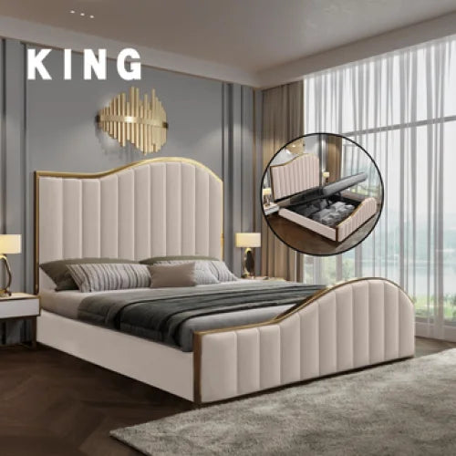 Bed Frame King Size Elegant Luxury in Beige with Gas Lift