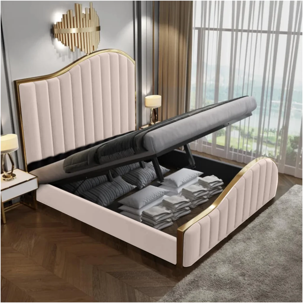 Bed Frame King Size Elegant Luxury in Beige with Gas Lift
