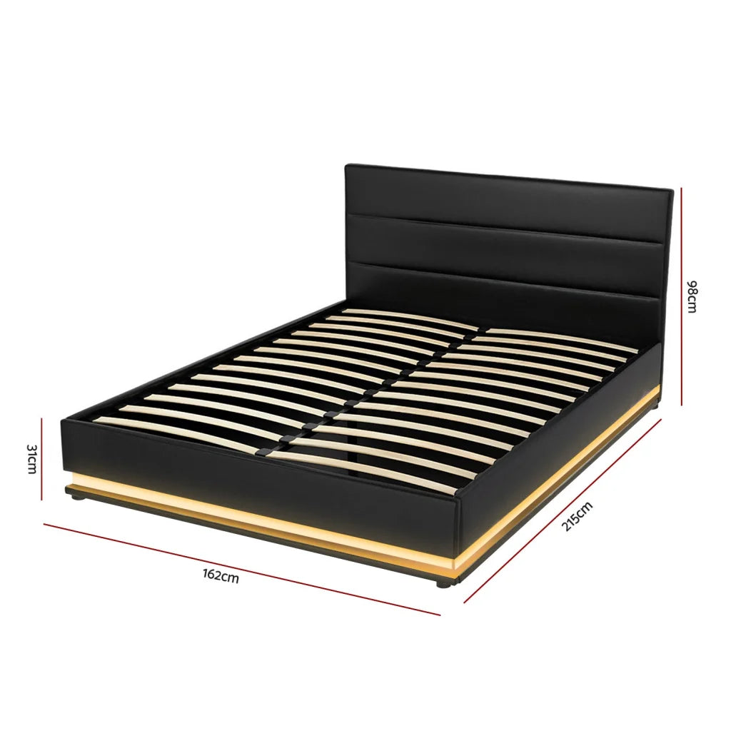 Bed Frame LED Queen Size Gas Lift Base Storage Black
