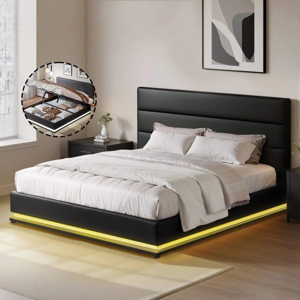 Bed Frame LED Queen Size Gas Lift Base Storage Black