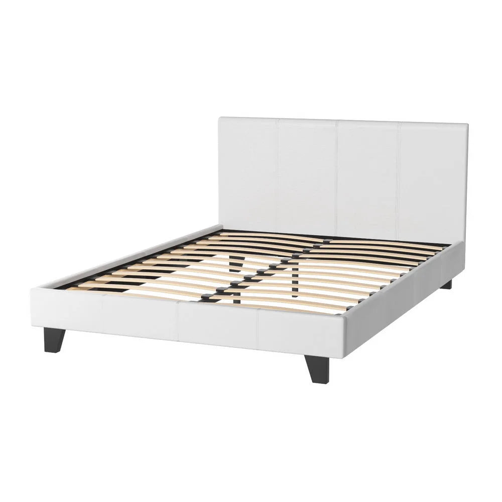 Bed Frame PU Leather White Double - Bedroom