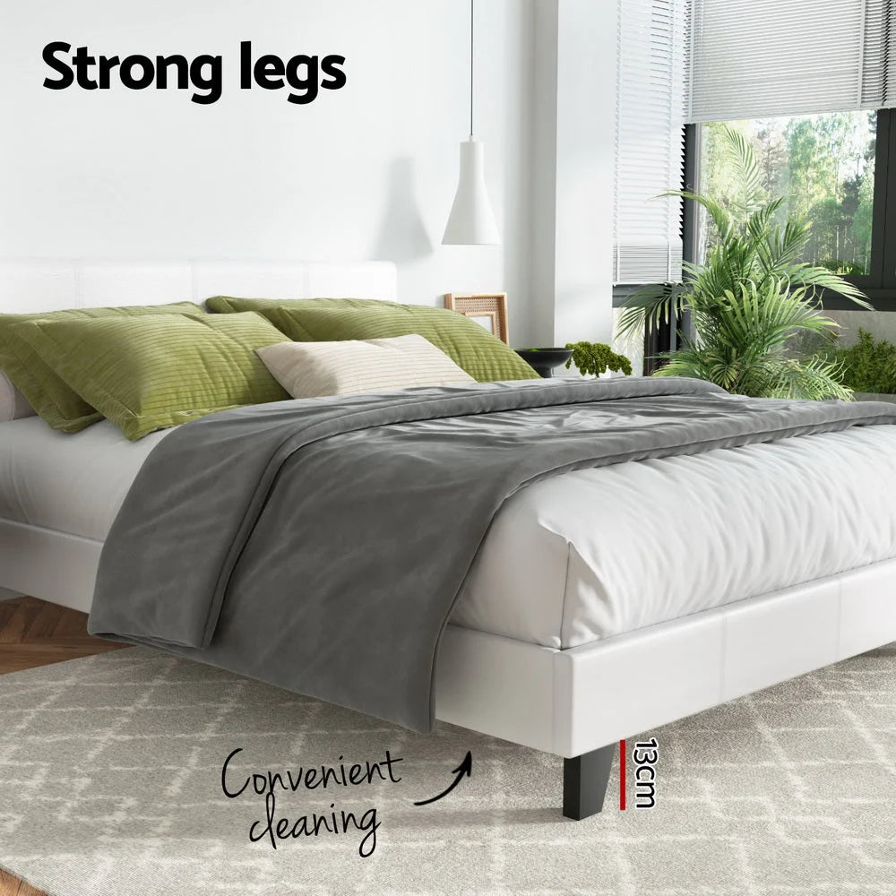 Bed Frame PU Leather White Double - Bedroom