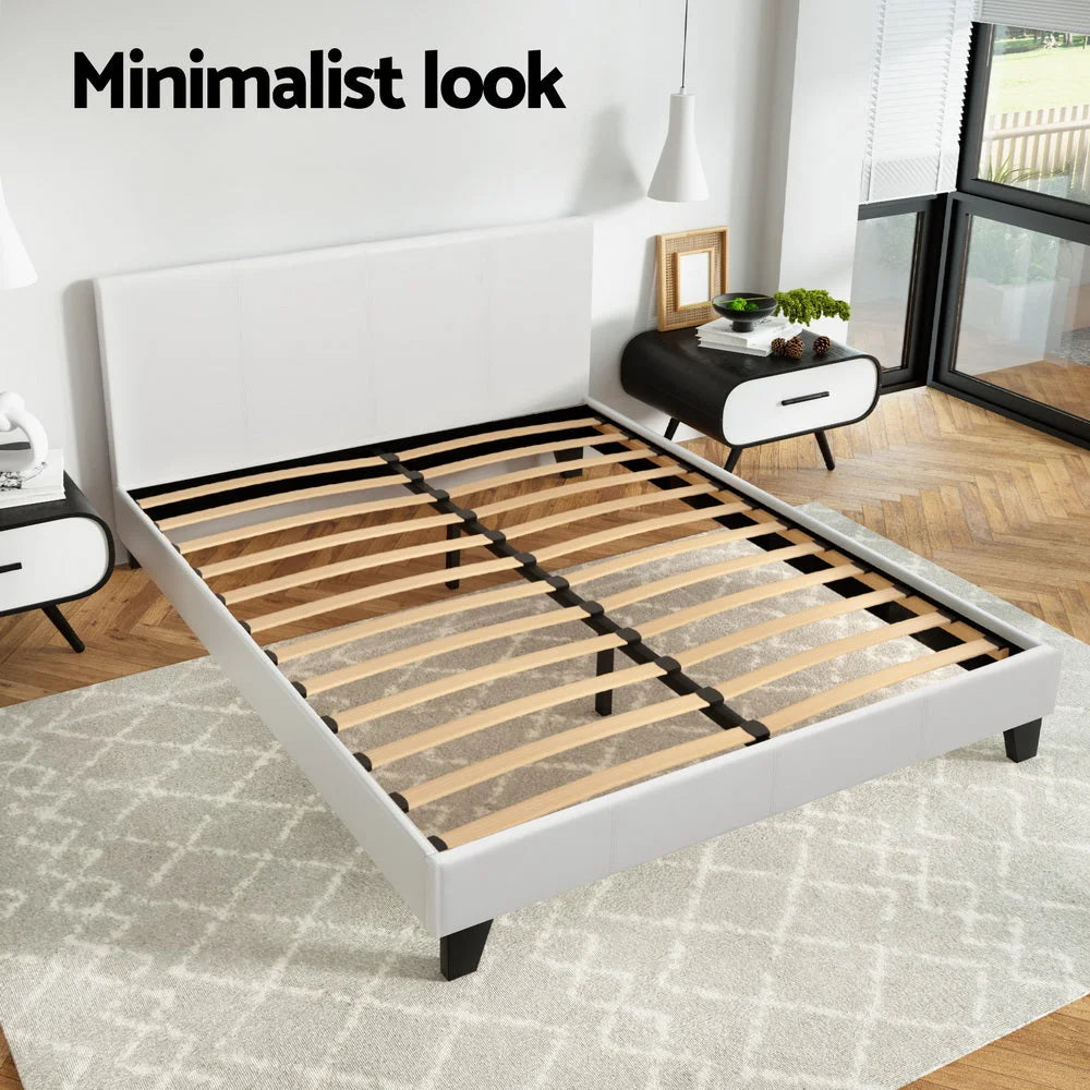 Bed Frame PU Leather White Double - Bedroom