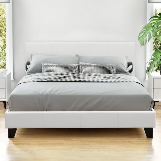 Bed Frame PU Leather White Double - Bedroom