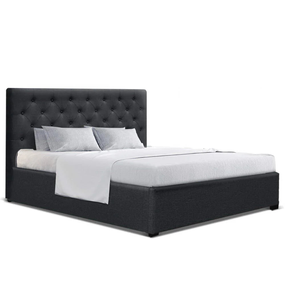 Charcoal fabric bed queen gas with upholstered headboard and side rails
