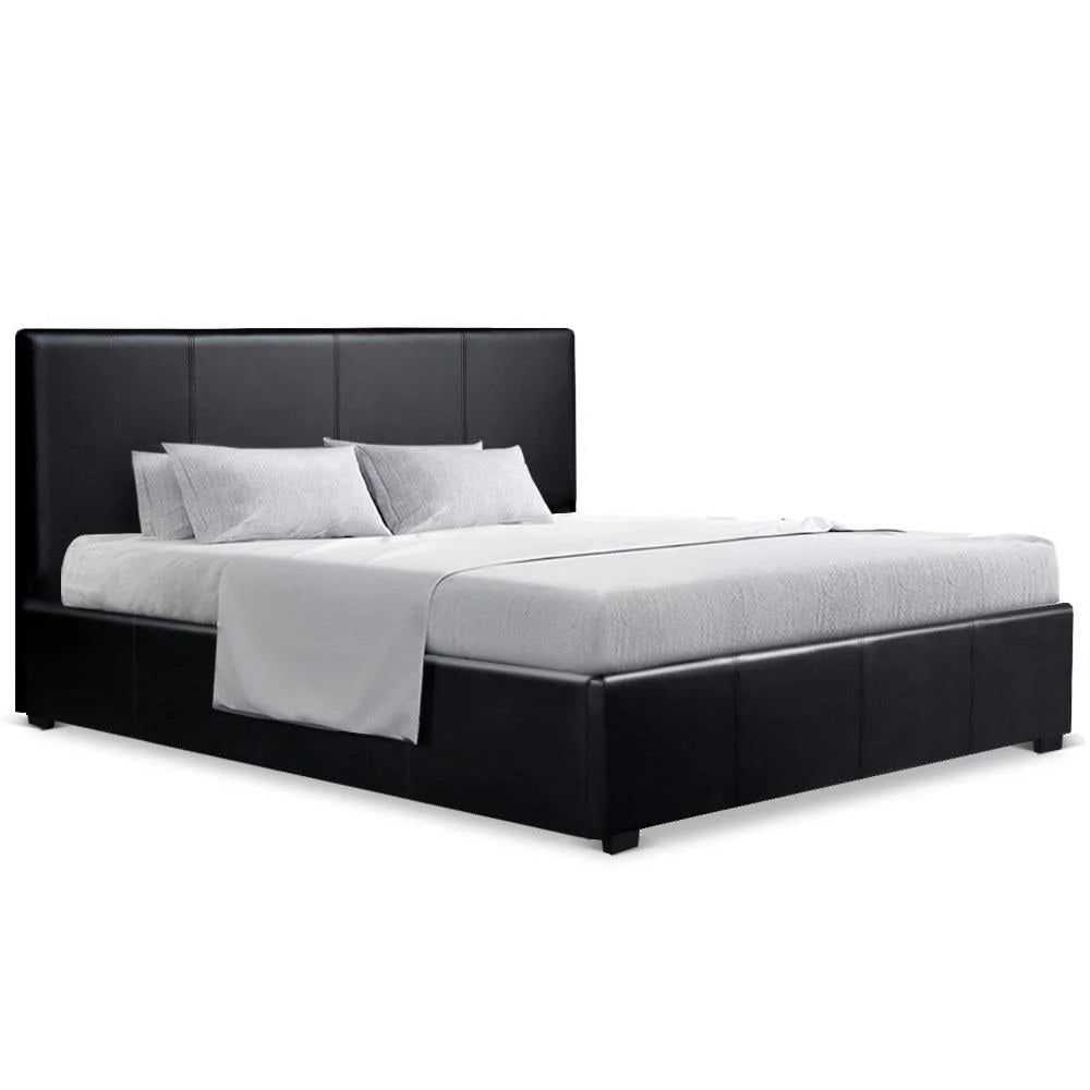 Bed Frame Queen PU Leather Black - Bedroom