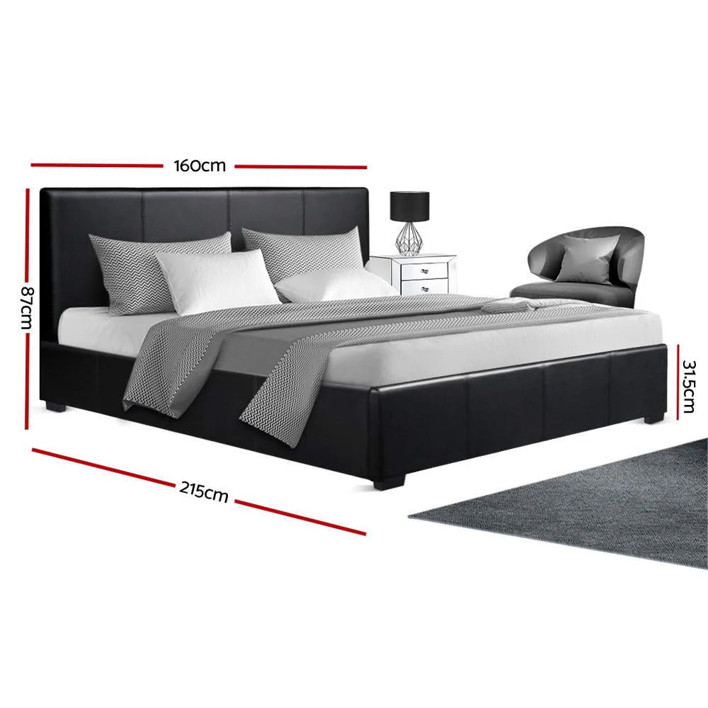 Bed Frame Queen PU Leather Black - Bedroom