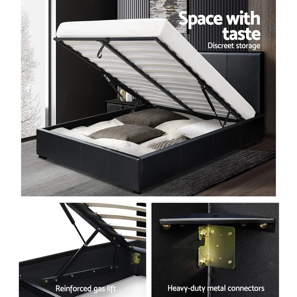 Bed Frame Queen PU Leather Black - Bedroom