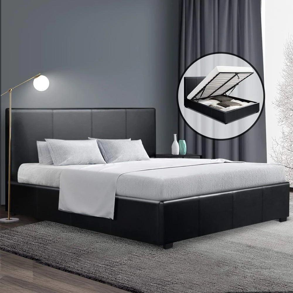 Bed Frame Queen PU Leather Black - Bedroom