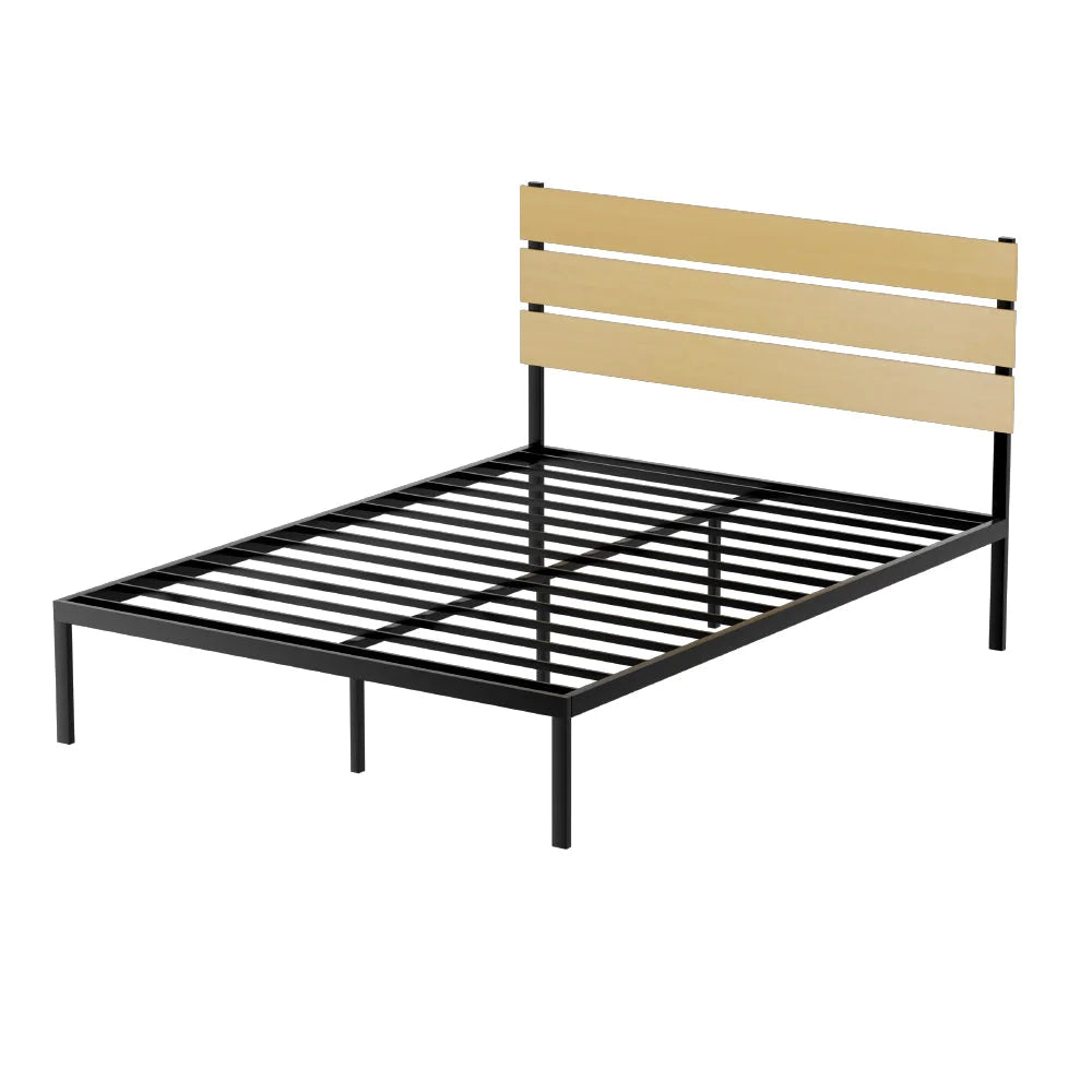 Black metal bed frame with frame detail shown