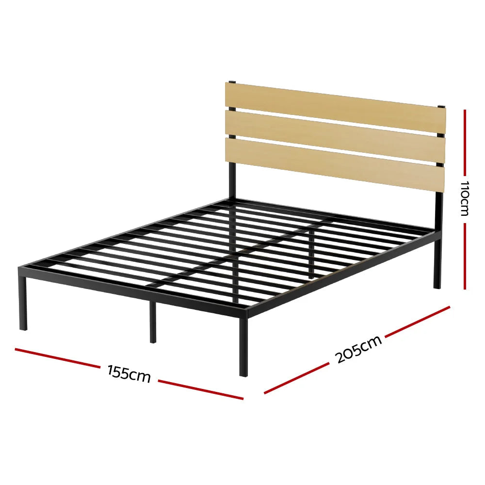 Black metal bed frame with side profile shown