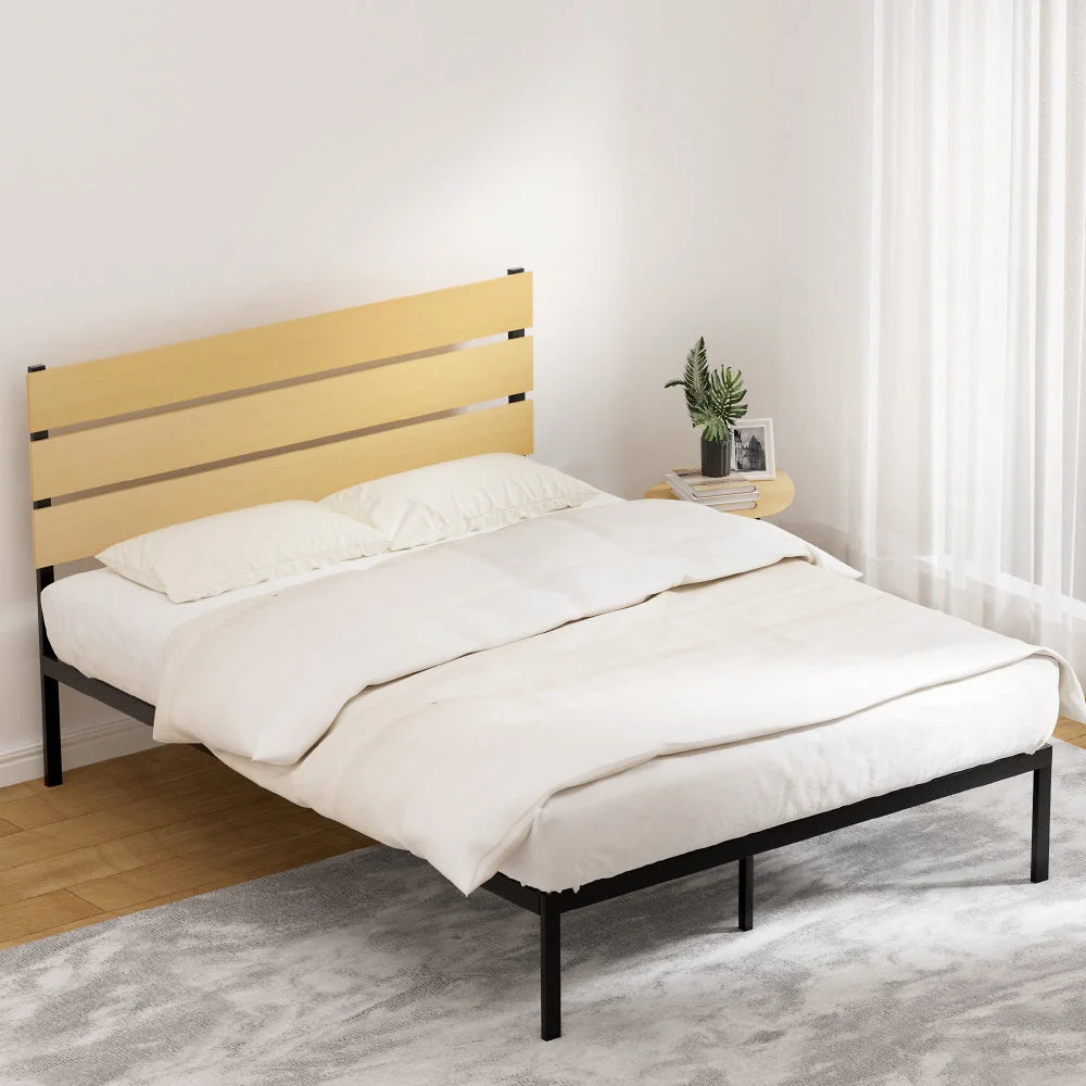 Black metal bed frame with queen size base mattress
