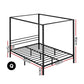 Black metal bed queen size with slatted mattress support and headboard