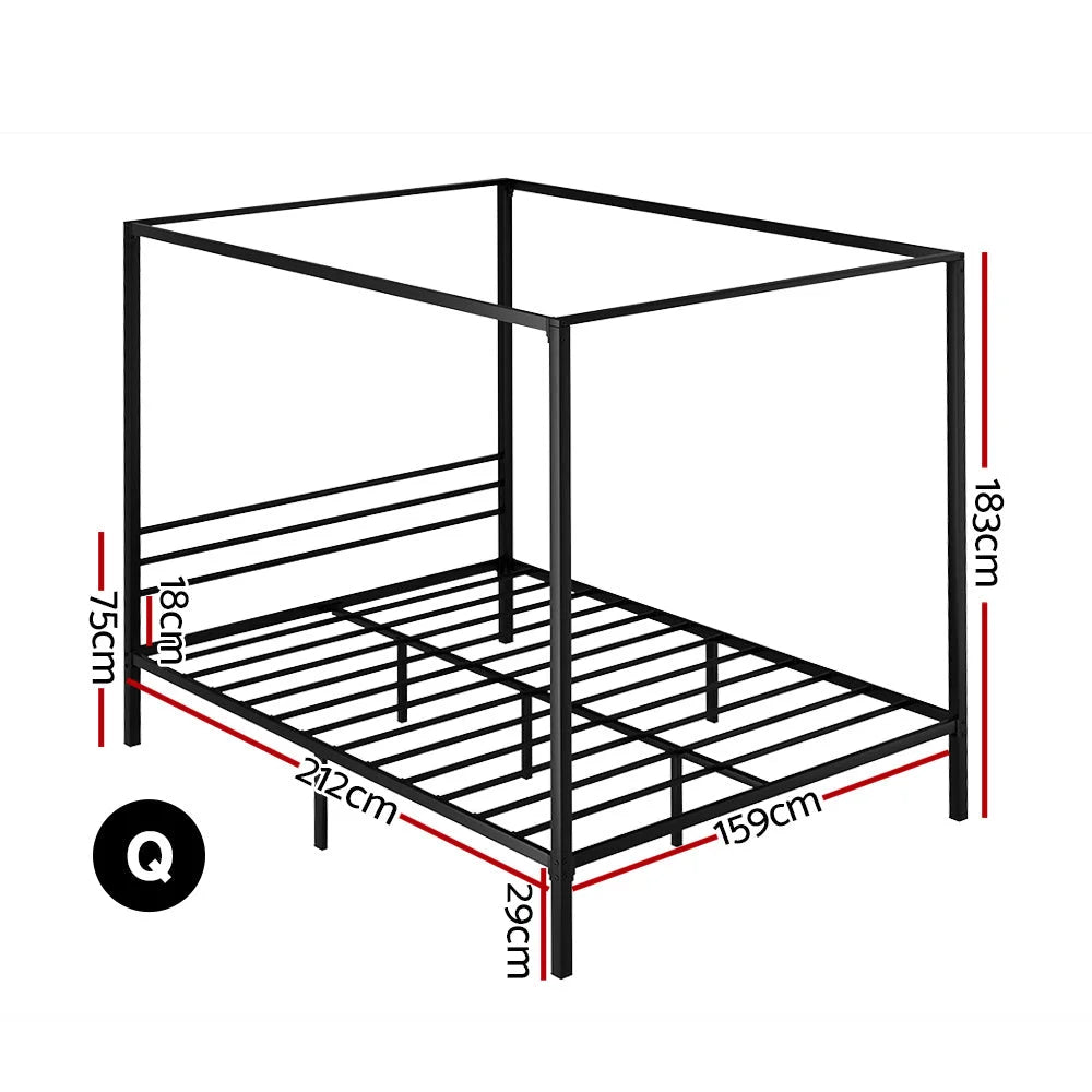 Black metal bed queen size with slatted mattress support and headboard