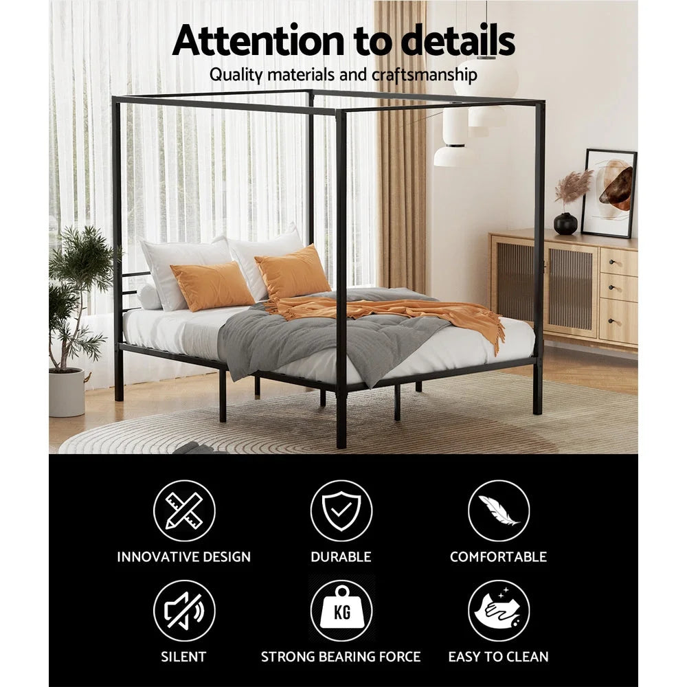 Black metal bed queen size with platform base and padded headboard