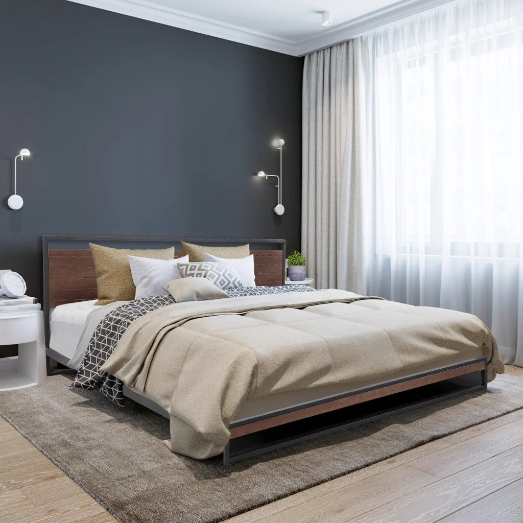 Black wood bed single size with platform base and padded headboard