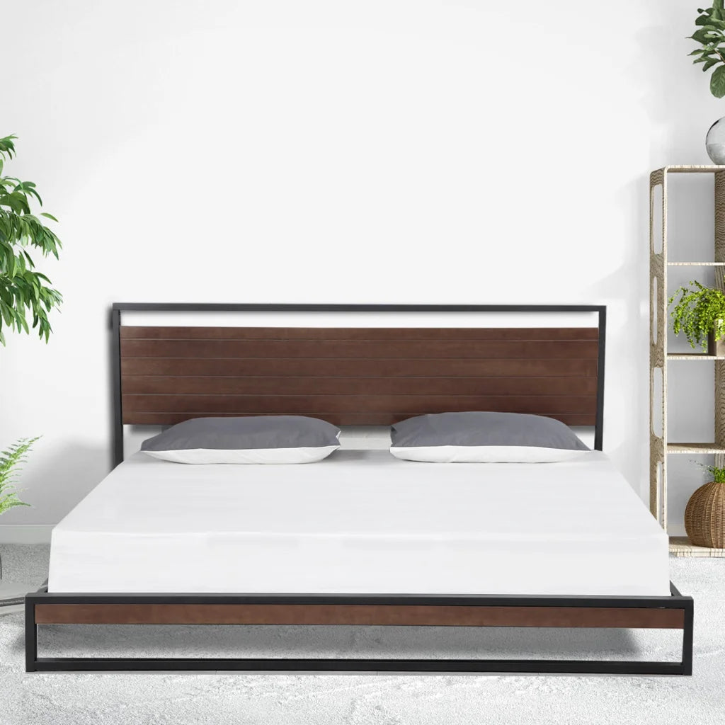 Black wood bed single size with gas lift storage and fabric headboard