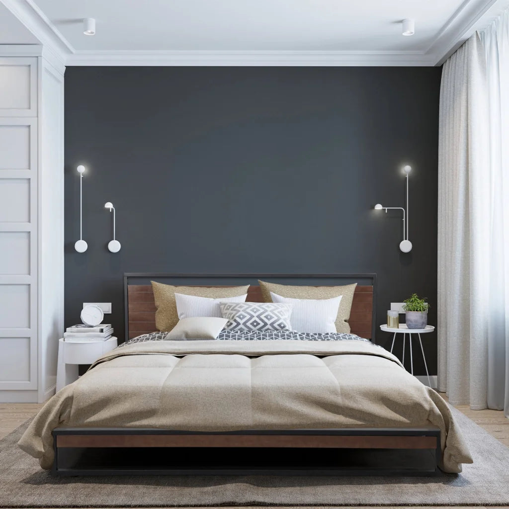 Black wood bed single size with slatted mattress support and headboard