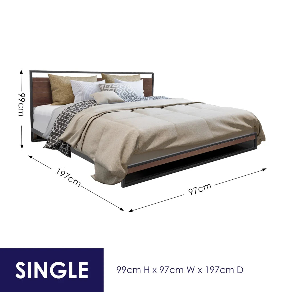 Bed single size with upholstered headboard and side rails