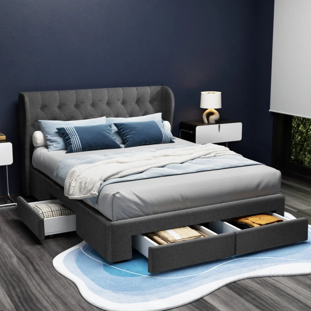 Bed Frame Storage Drawers Mila Fabric charcoal queen bedroom