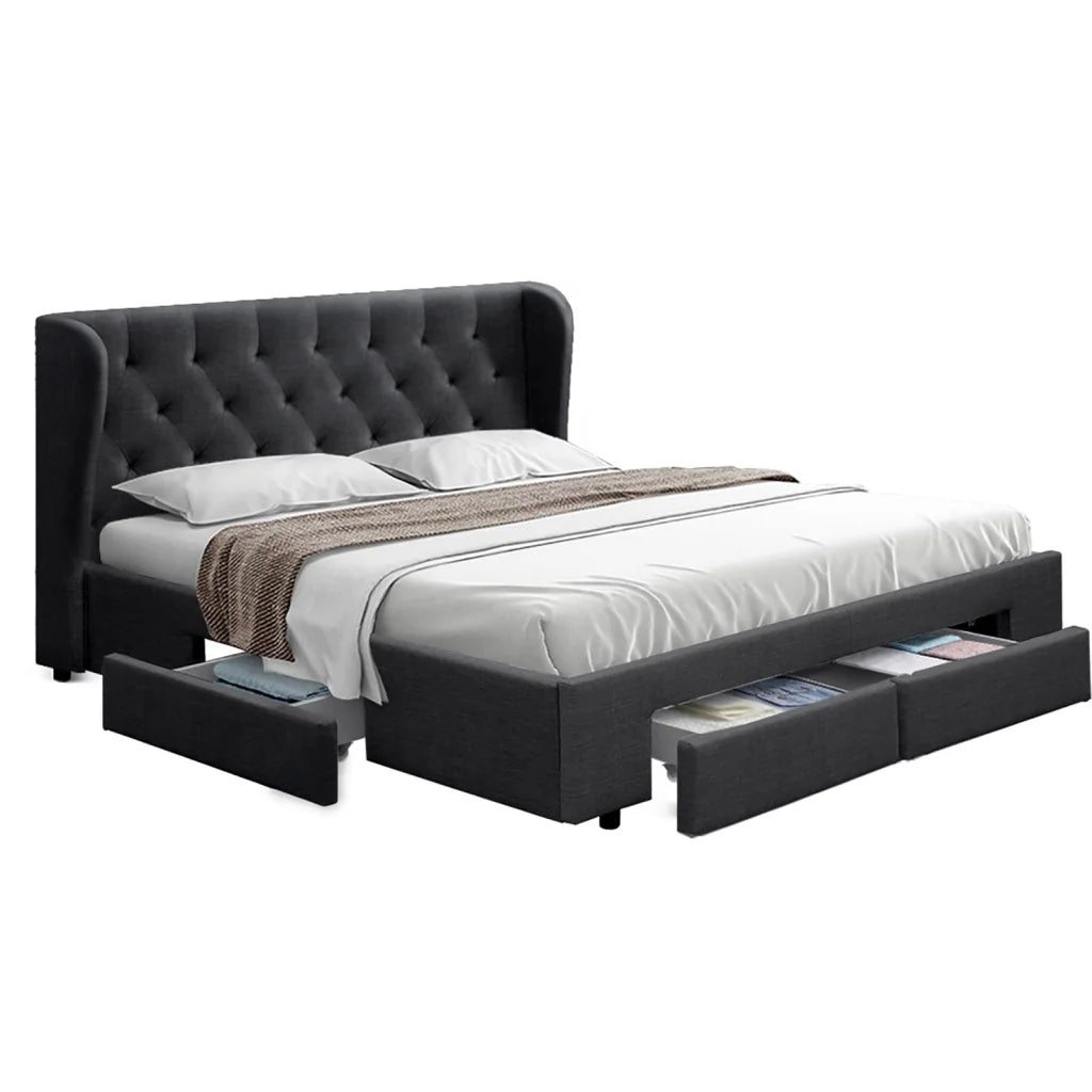Bed Frame Storage Drawers Mila Fabric - Charcoal Queen