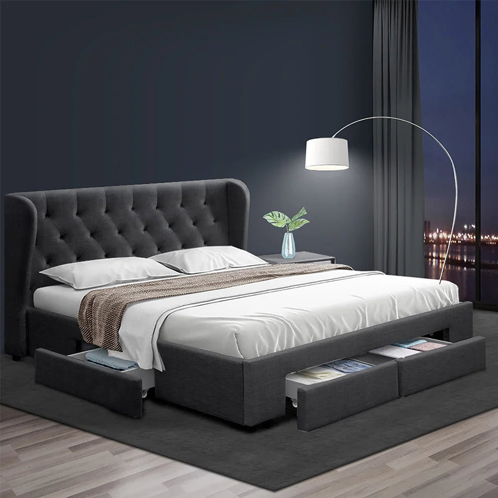 Bed Frame Storage Drawers Mila Fabric Charcoal Queen