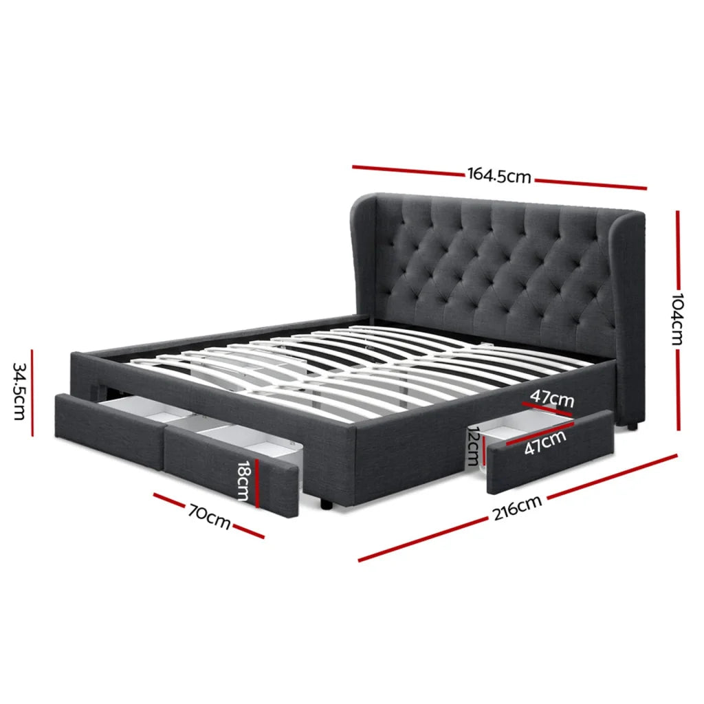 Bed Frame Storage Drawers Mila Fabric - Charcoal Queen