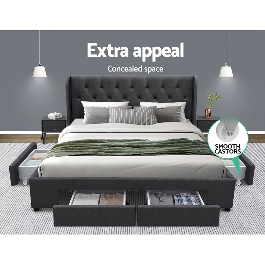 Bed Frame Storage Drawers Mila Fabric - Charcoal Queen