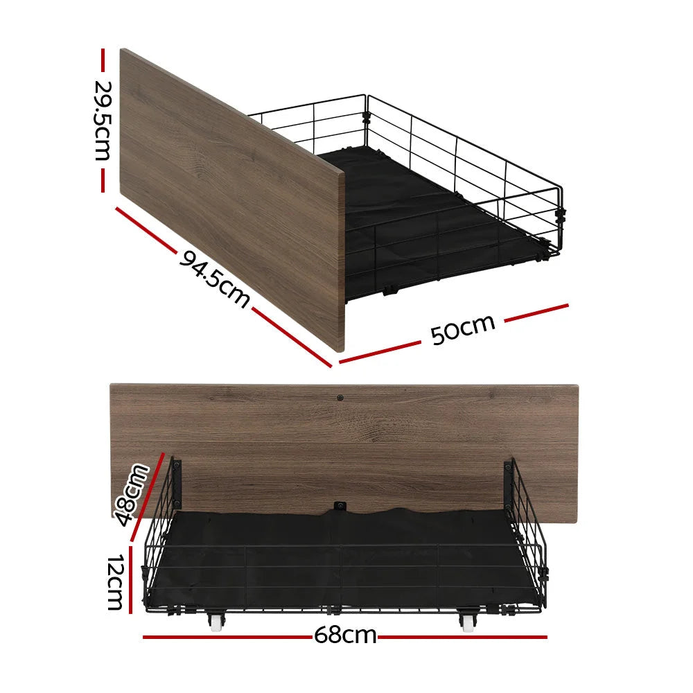 Black metal bed storage drawers with caster wheels and side handle rail