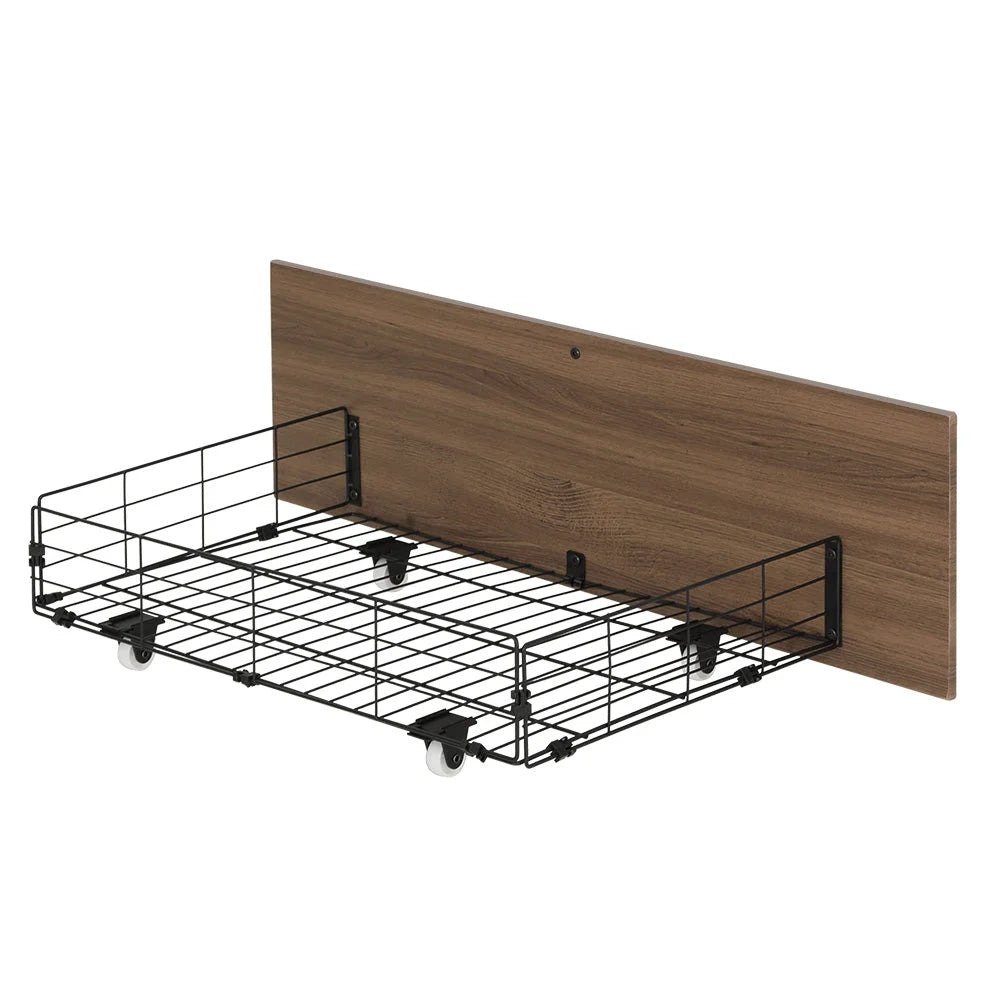 Black metal bed storage drawers with upholstered headboard and side rails