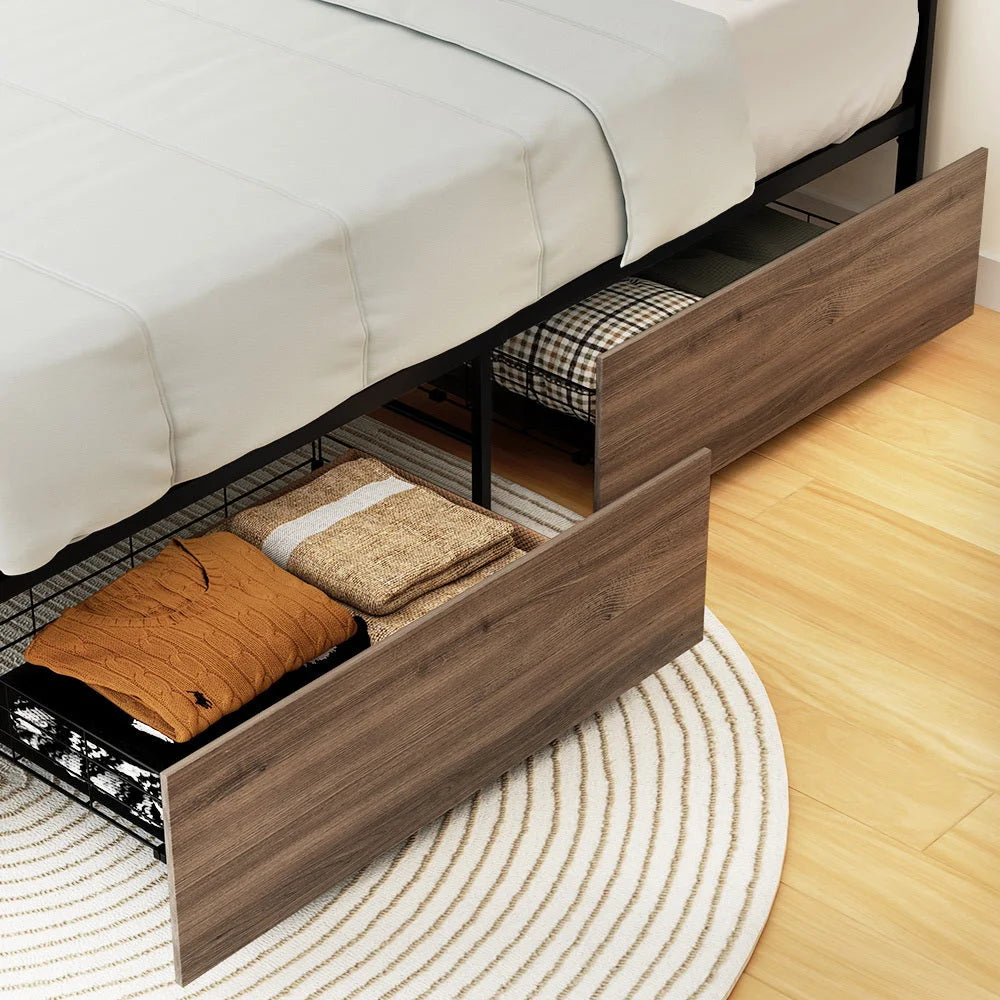 Bed storage drawers with caster wheels and side handle rail