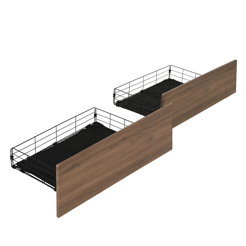 Black metal bed storage drawers with gas lift storage and fabric headboard